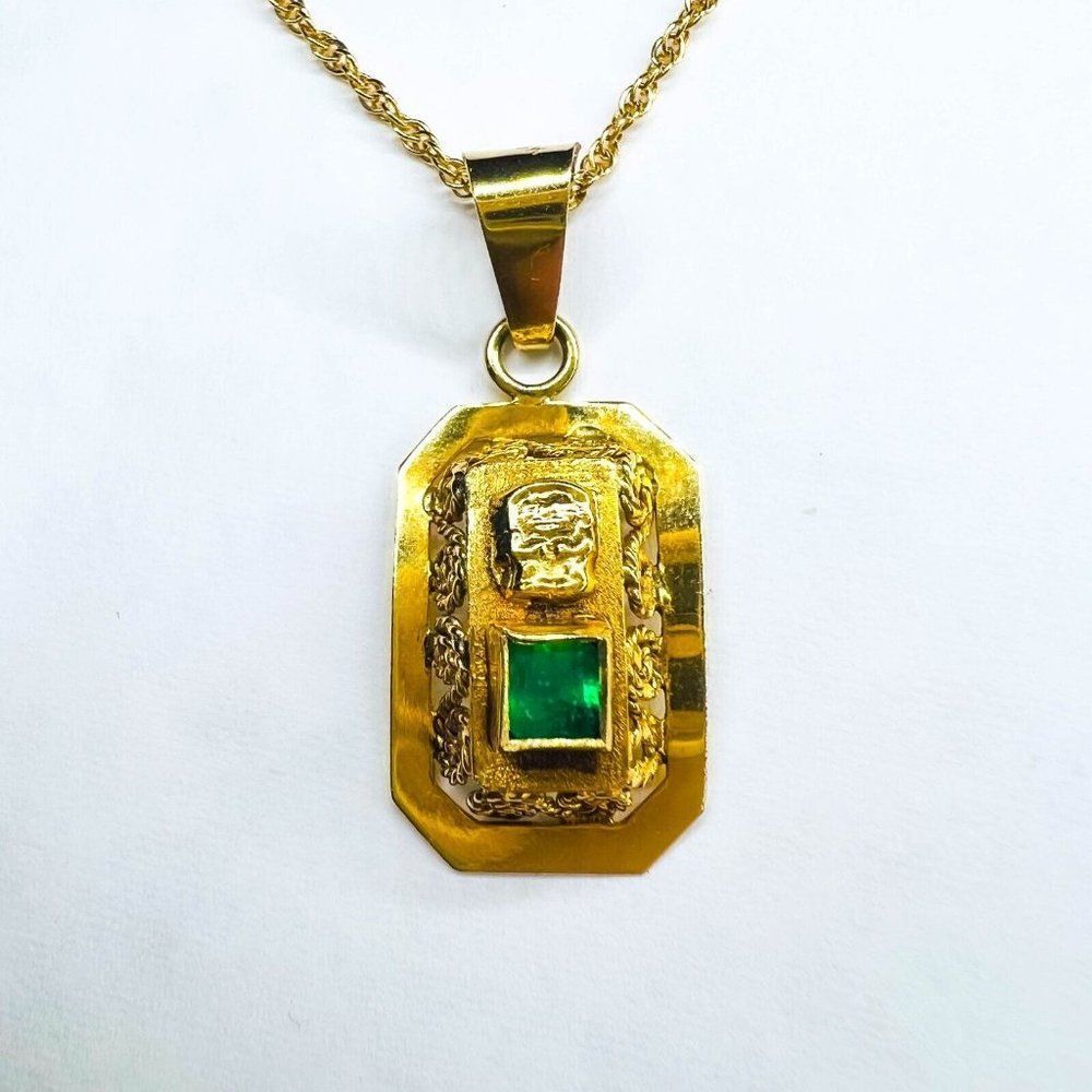18k Yellow Gold Pre Columbian Tumi Natural Emerald Necklace 18" 3.3g 14k Chain - Picture 5 of 15